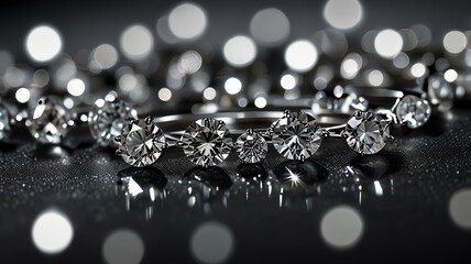Sparkling diamonds on dark background with bokeh lights.