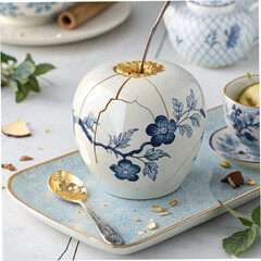  A 3D-rendered digital artwork of a porcelain apple adorned with delicate blue floral patterns, 