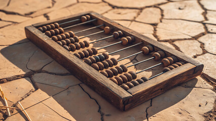 Vintage abacus on cracked earth, symbolizing calculation and ancient mathematics