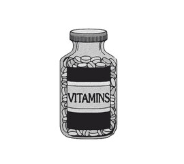 Black and white illustration of a vitamin bottle filled with tablets. Classic supplement container design with a bold “VITAMINS” label. Perfect for health, nutrition, or pharmacy visuals.