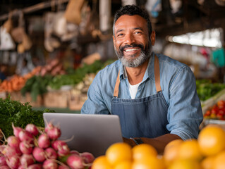 Smiling male vendor with beard wearing apron working on laptop at fresh produce market, surrounded by vegetables and fruits, cheerful and relaxed atmosphere