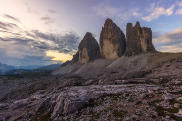 Famous Tre Cime di Lavaredo at summer time. Landscape of Alps Mountains. Dolomites, Alps, Italy, Europe (Drei Zinnen)