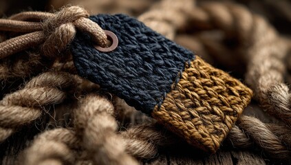 Close-up of a dark-colored tag, possibly leather or fabric, with a tan/gold colored section, attached to a knotted piece of light beige rope
