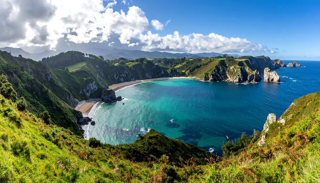 Panoramic view of a secluded, crescent-shaped beach nestled within dramatic coastal cliffs, clear turquoise water