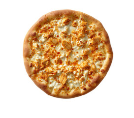 Delicious chicken and cheese pizza with golden crust isolated on a transparent background food