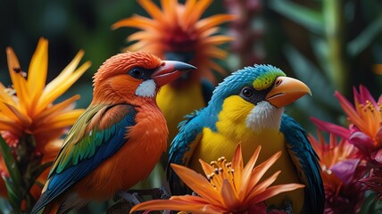 Obraz premium Vibrant, colorful birds perched amidst exotic tropical flowers in a lush, natural setting.