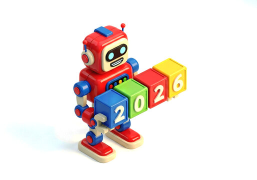 Toy robot holding blocks spelling out 2026 isolated on white background