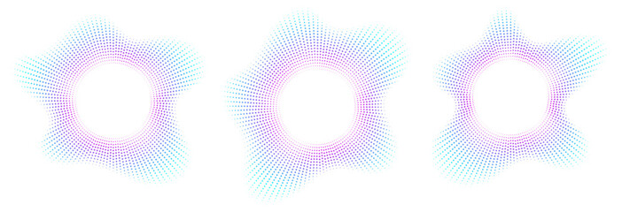 Sound equalizer icons with lines and dots, gradient neon circular sound wave frames, abstract radial music icons. Audio beat symbol concept isolated on white. Vector illustration. © Likanaris