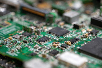 Circuit board microchip technology green closeup detail electronic component repair recycle