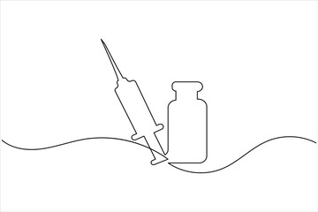 Syringe and medicine bottle continuous one line art vector illustration