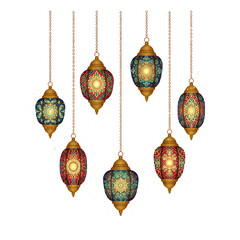 Collection of ornate moroccan lanterns glowing with warm light isolated on black background isolated on white background isolated on transparent background