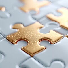 Fototapeta premium Macro Close Up Of Golden Jigsaw Puzzle Piece Over Blue Gray Background with Cinematic Lighting