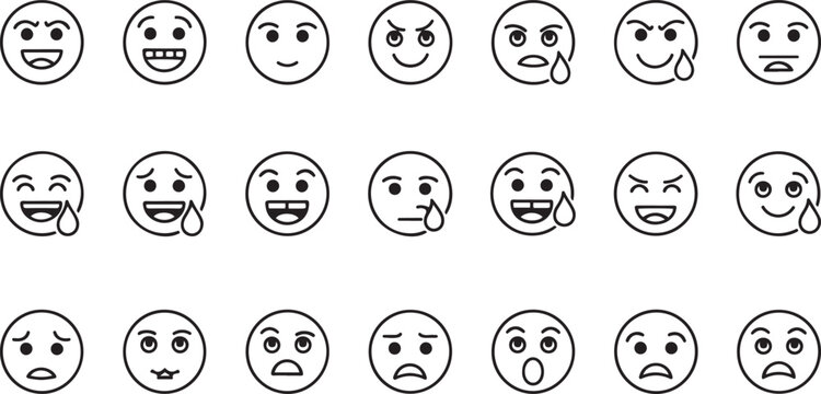 Collection of Line Art Emoji Faces Expressing Various Emotions and Feelings Keywords: emoji, emoticon, face