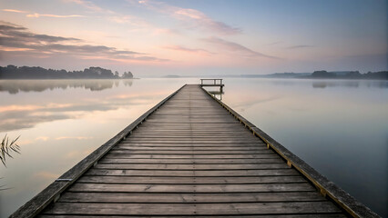 wooden pier on lake with sunset sky and calm water
