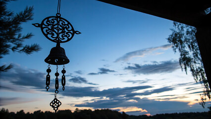 Wind chime hanging from roof with sunset sky and trees in the background