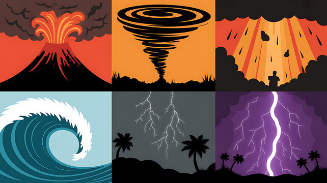 Six Natural Disasters Illustrated Volcano Tornado Meteor Shower Tsunami Lightning Storm volcano eruption lava smoke red orange black