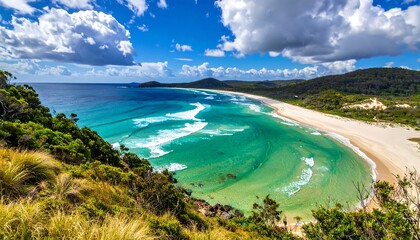 Panoramic view of a secluded, crescent-shaped beach with turquoise water, breaking waves, and lush green vegetation