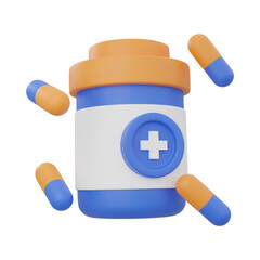 3D Medicine Bottle and Capsules Illustration with Medical Cross Symbol
