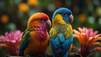 Vibrant parrots perched among exotic flowers, a colorful natural pairing, perfect for nature and wildlife themes.