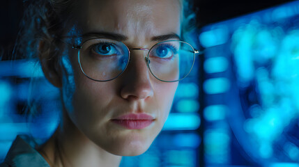 Focused cybersecurity analyst with glasses blue light reflection computer screen data interface digital lab serious mood closeup portrait tech