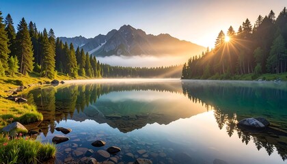 Serene landscape showcasing a lake mirroring a mountain range under a sunrise. Surrounded by evergreen forests, the scene evokes peace and tranquility