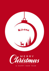 Festive Christmas ornament design featuring a white circle ornament, a deer and pine trees silhouette, all set against a rich red background. Ideal for holiday greeting cards and seasonal stock visual