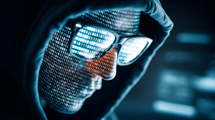 Cybersecurity hacker hood glasses binary code data matrix glow neon mood with focus and tension, digital face reflection in dark studio
