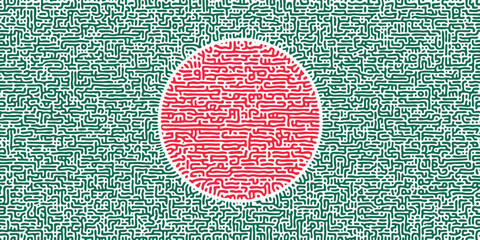 Bangladesh flag in seamless Turing diffusion pattern background in red and green with chaotic linear motion. Features abstract biological shapes and organic textures.