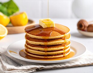 Golden Syrup Drizzled Pancakes Stack with Butter on White Plate