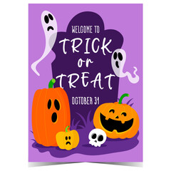 Trick or Treat invitation Halloween banner with scary face pumpkins, spooky ghosts or phantoms, skull and tombstone. Ready to print poster, leaflet or flyer for Halloween celebration.