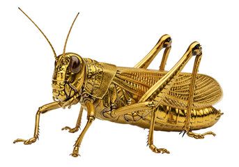 Fototapeta premium A detailed close-up image of a golden grasshopper, showcasing intricate detailing and a rich golden hue against a black background.