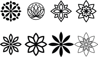 Fototapeta premium Geometric Flower and Lotus Icon Set | Black and White Vector
