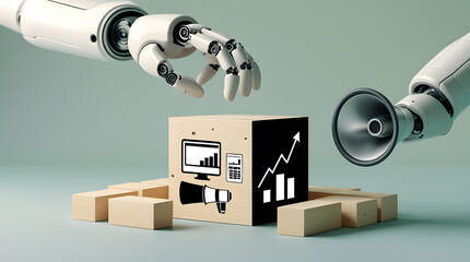 AI hands constructing a business concept: Two robotic arms collaborate to build a symbolic representation of business and marketing, assembling blocks to form a central container.