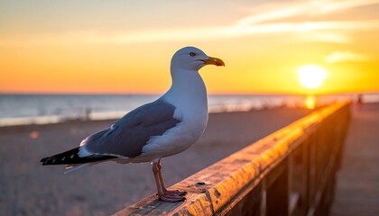 Seagull at Sunset on Beach.