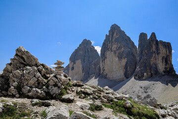 Famous Tre Cime di Lavaredo at summer time. Landscape of Alps Mountains. Dolomites, Alps, Italy, Europe (Drei Zinnen)