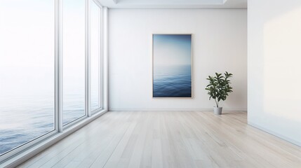 Modern interior space with large windows and ocean view painting  