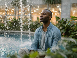 Man sits peacefully by indoor fountain, eyes closed, enjoying moment of relaxation and mindfulness surrounded by lush green plants and soft natural light