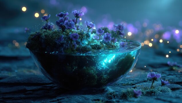 A glass bowl holds a miniature, bioluminescent ecosystem of purple flowers and glowing moss, nestled on a dark, textured surface, surrounded by ethereal light particles
