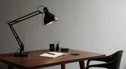 Sleek Industrial Study: Black Desk Lamp Illuminates a Notebook on a Dark Wood Table