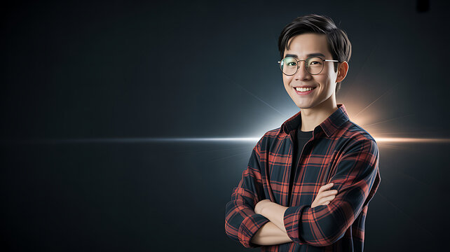 Young Asian man with glasses wearing a plaid shirt with arms crossed smiling young man red and black plaid - Powered by Adobe
