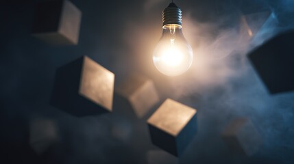 Lightbulb surrounded by floating geometric shapes, symbolizing innovation against dark backdrop.