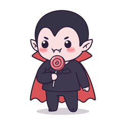 vampire with rosy cheeks, holding a lollipop shaped like a bat, small sharp teeth, 
