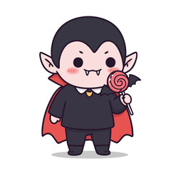 vampire with rosy cheeks, holding a lollipop shaped like a bat, small sharp teeth, 