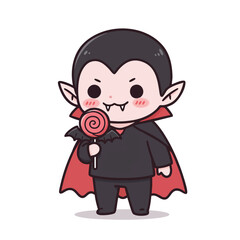 vampire with rosy cheeks, holding a lollipop shaped like a bat, small sharp teeth, 