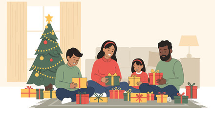 This flat design illustration depicts a joyful multiracial family celebrating Christmas by opening presents together in a cozy living room. It captures the warmth and excitement of the holiday season 