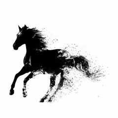 Powerful black horse silhouette running and dissolving into particles. Vector illustration for concepts of speed, freedom, and wild spirit.