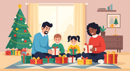 This flat design illustration depicts a joyful multiracial family celebrating Christmas by opening presents together in a cozy living room. It captures the warmth and excitement of the holiday season 