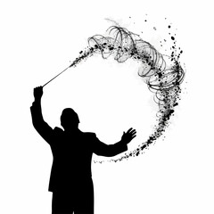 Silhouette of a music conductor creating a magical, abstract swirl of particles with a baton. Concept for creativity, orchestration, and powerful performance. Isolated vector graphic.