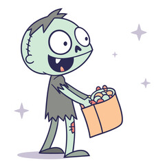 Adorable cartoon zombie kid trick-or-treating gleefully with a bag full of candy under a starry sky for Halloween promotions and fun designs