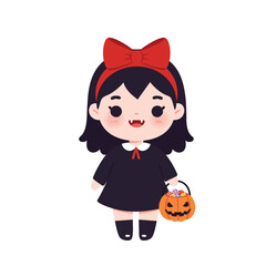 cute female vampire with a big red ribbon on her head, smiling expression, holding a pumpkin candy bucket.